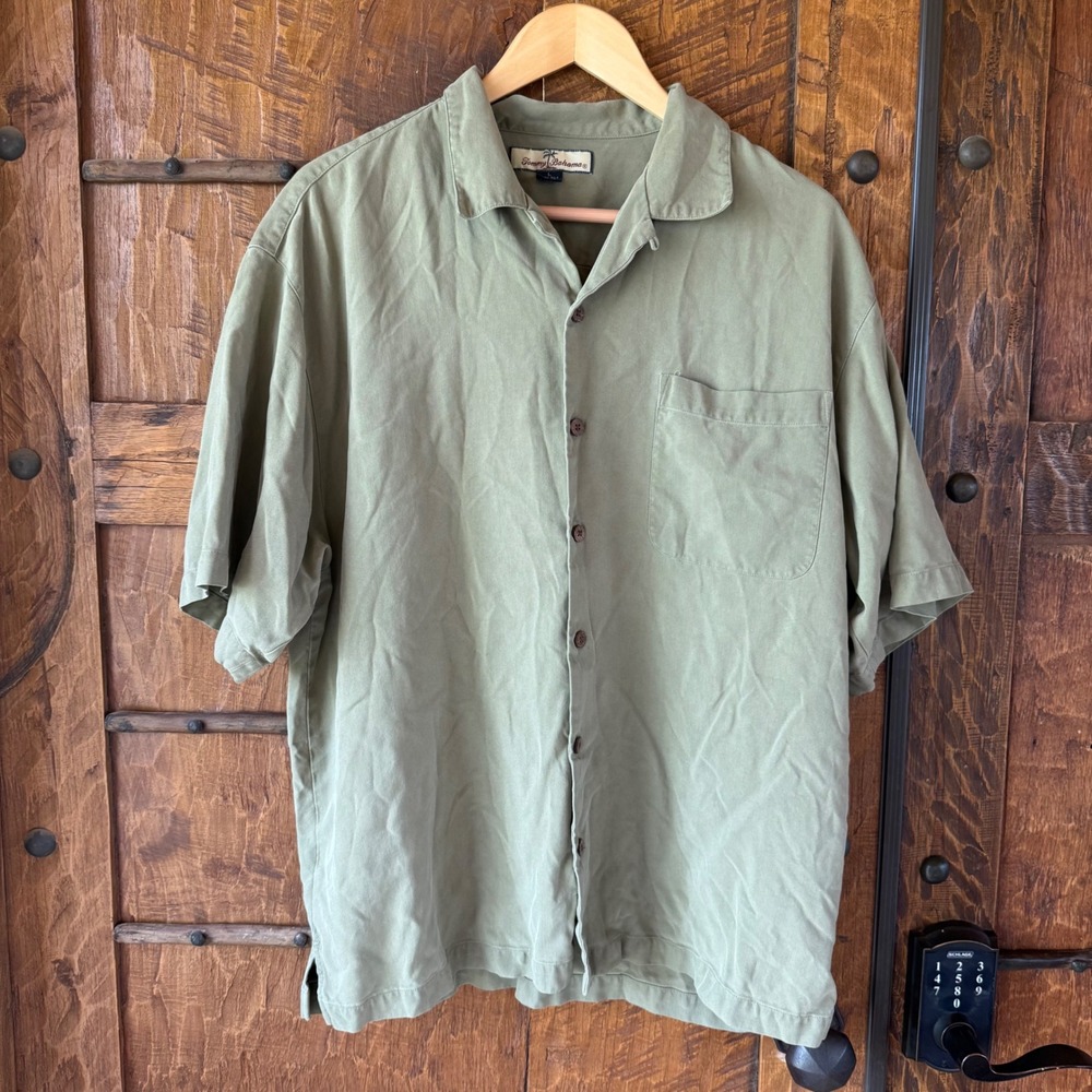Tommy Bahama 100% Silk Button Down Camp Mens L Green Relax Herringbone Pocket